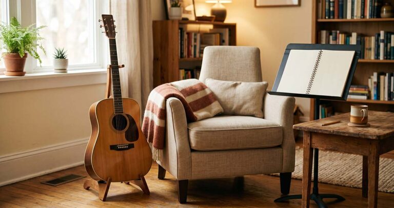 Acoustic guitar in a warm living room for learning guitar as an adult