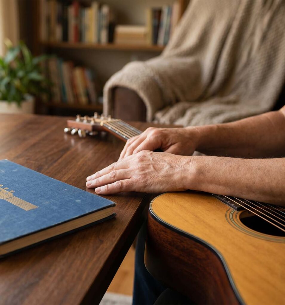 Adult hands beside a guitar and lesson book, showing guitar learning for adult beginners