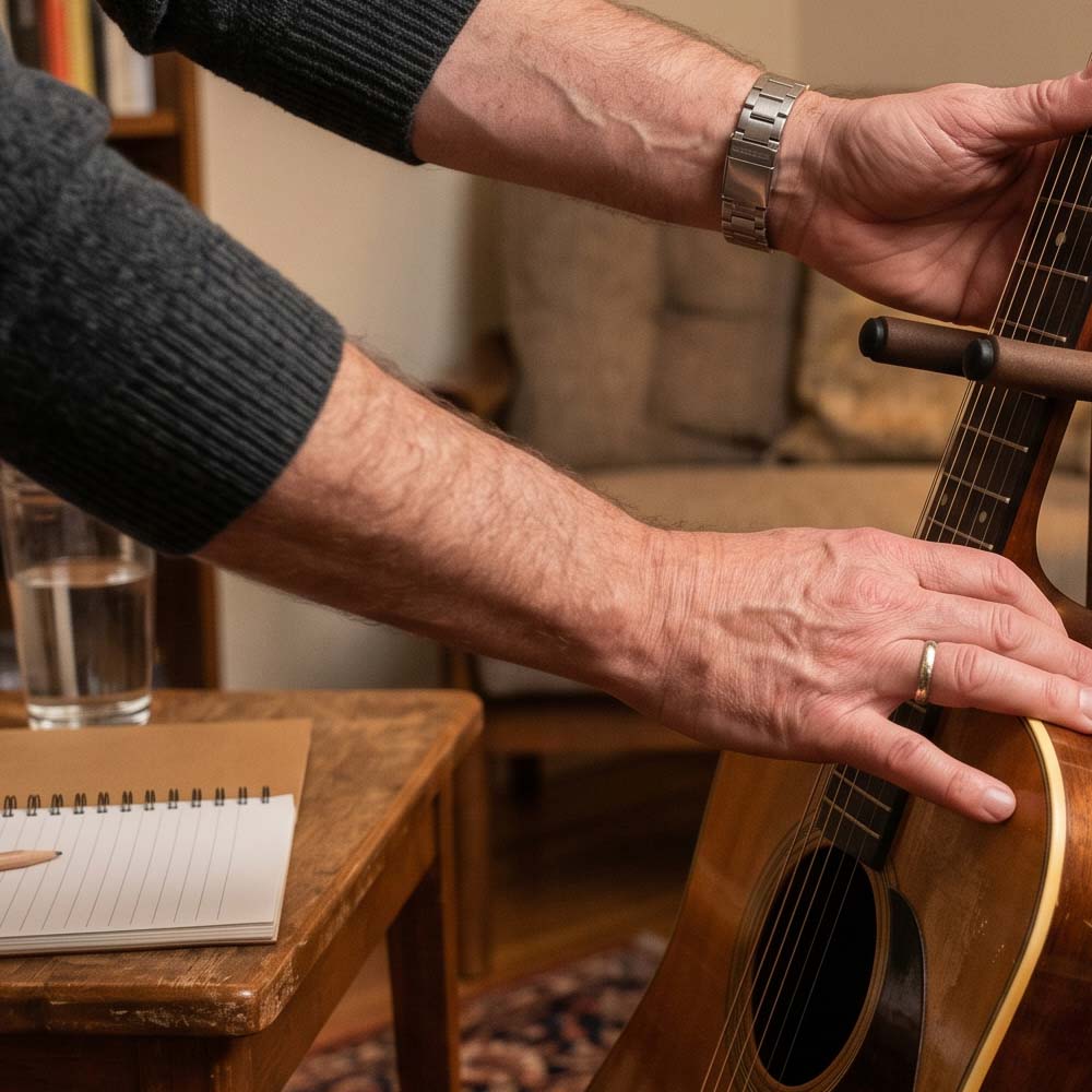 Adult learner placing guitar on a stand during The Dip, pausing without quitting